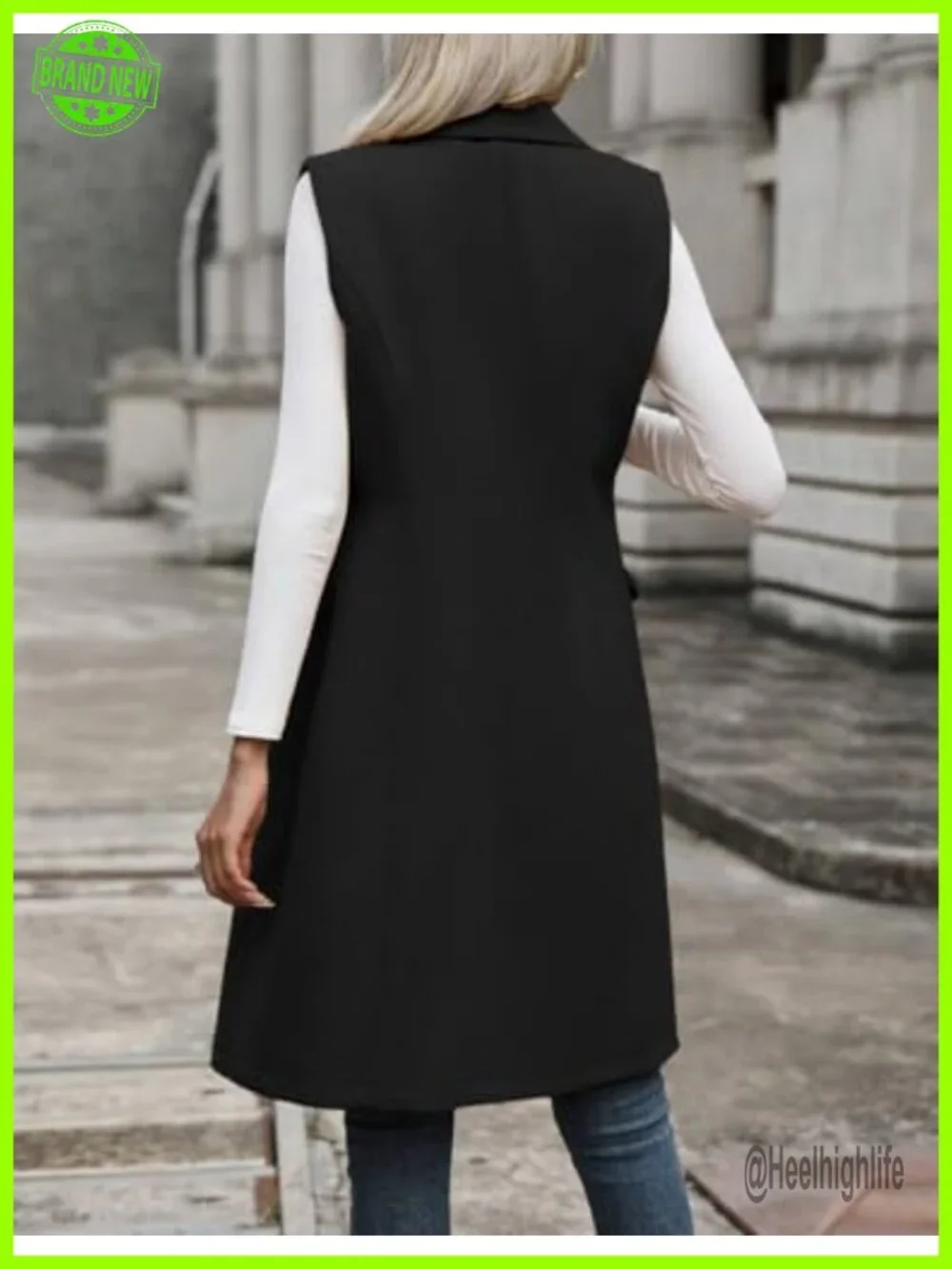Sleeveless Long Wool Blazer Vest Double Breasted Notch Lapel